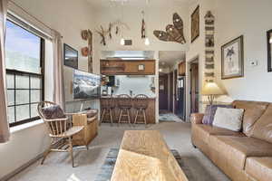 Living area featuring light colored carpet