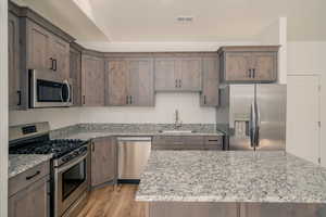 Kitchen featuring appliances with stainless steel finishes, light wood-style floors, and light stone counters