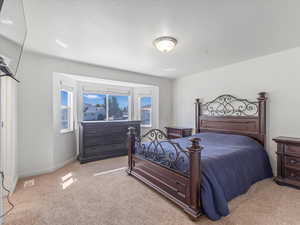Bedroom with light colored carpet and a textured ceiling