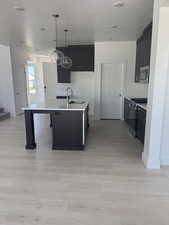 Kitchen with dark cabinets, appliances with stainless steel finishes, light wood-style flooring, light countertops, and a textured ceiling