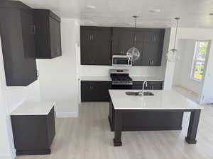 Kitchen with stainless steel appliances, dark cabinets, light wood finished floors, light countertops, and hanging light fixtures
