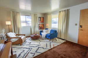 Sitting room featuring healthy amount of natural light and carpet
