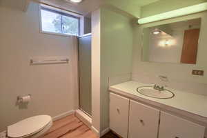 Full bathroom featuring a shower stall, vanity, and wood finished floors