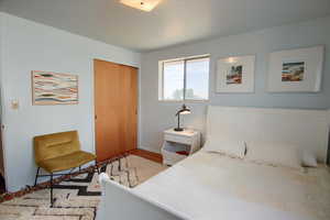 Bedroom featuring wood finished floors and a closet
