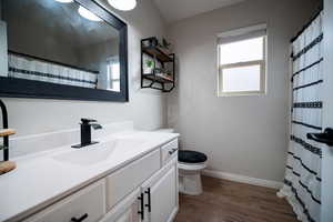 Full bathroom with wood finished floors, plenty of natural light, and vanity