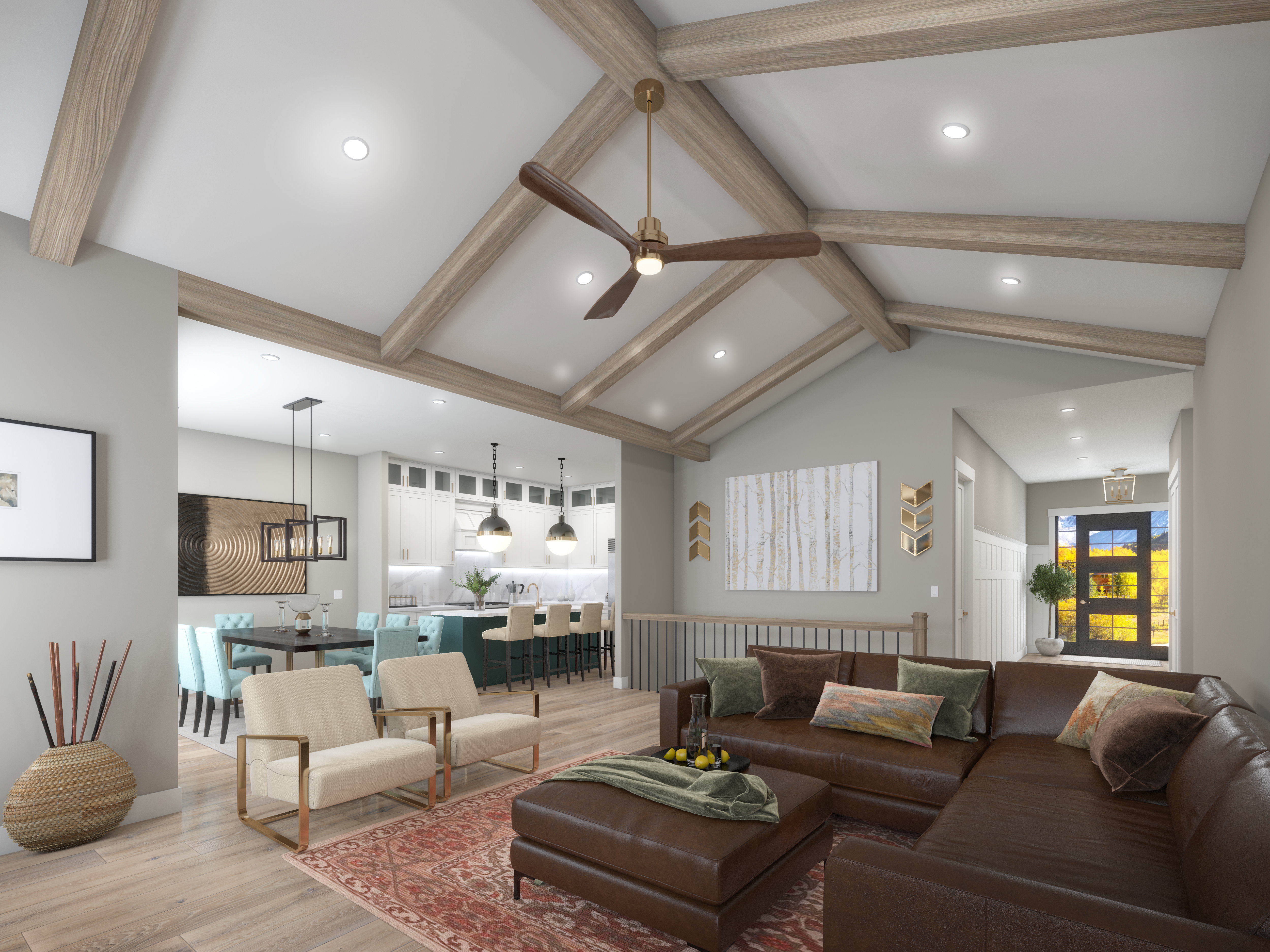 Living room with light wood-style floors, ceiling fan, and recessed lighting