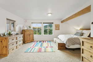 Bedroom with light carpet