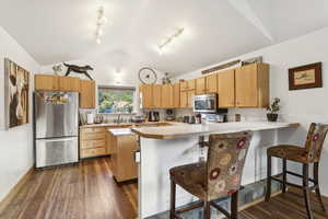 Kitchen featuring vaulted ceiling, stainless steel appliances, a peninsula, light countertops, and dark wood-style flooring