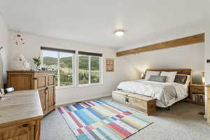 Bedroom with light colored carpet and baseboards