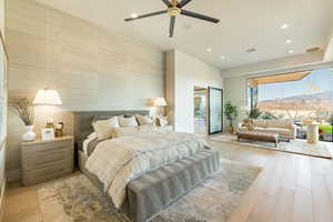 Bedroom featuring light wood-style flooring, access to exterior, recessed lighting, and ceiling fan