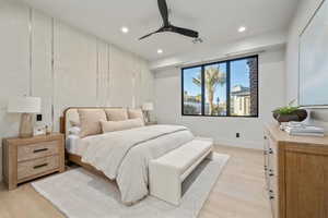 Bedroom featuring recessed lighting, light wood-type flooring, and ceiling fan