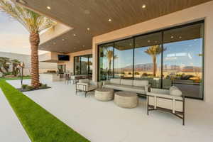 Building lobby with wooden ceiling and recessed lighting