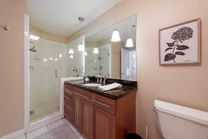 Full bath with vanity, tile patterned floors, and a shower stall