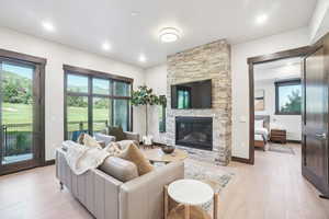 Living area featuring light wood finished floors and a fireplace