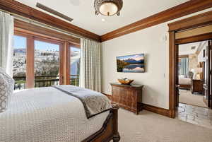 Carpeted bedroom with crown molding and access to exterior