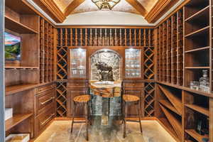 Wine cellar featuring brick ceiling and lofted ceiling
