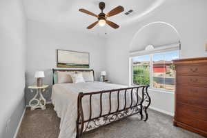 Bedroom featuring carpet floors and ceiling fan