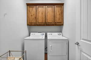 Laundry room featuring cabinet space and washing machine and dryer