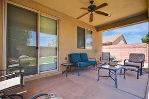 View of patio / terrace with ceiling fan and outdoor lounge area