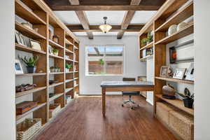 Office featuring beamed ceiling, dark wood-type flooring, and coffered ceiling
