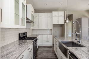 Kitchen featuring appliances with stainless steel finishes, backsplash, white cabinets, dark wood finished floors, and recessed lighting