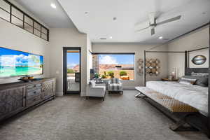 Carpeted bedroom featuring access to outside, recessed lighting, and ceiling fan