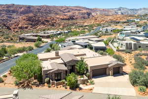 Aerial view of residential area with a mountain backdrop