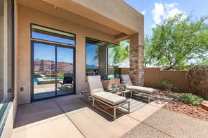 View of patio / terrace with a mountain view