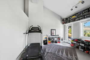 Exercise room with lofted ceiling, rail lighting, and carpet
