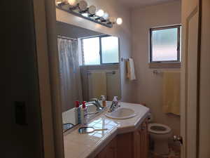 Bathroom with healthy amount of natural light, vanity, and a shower with curtain