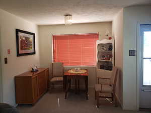 Dining area featuring carpet and a textured ceiling