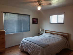 Bedroom featuring wood finished floors, a ceiling fan, and a textured ceiling