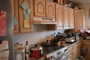 Kitchen featuring under cabinet range hood, freestanding refrigerator, light brown cabinetry, and light countertops