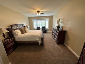 Master bedroom featuring light colored carpet, a textured ceiling, and a ceiling fan