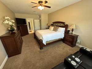 Master bedroom featuring light carpet and ceiling fan
