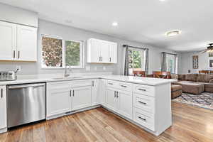 Kitchen featuring a peninsula, stainless steel dishwasher, a ceiling fan, open floor plan, and healthy amount of natural light