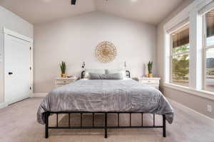 Carpeted bedroom featuring vaulted ceiling and baseboards