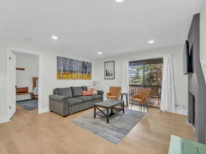 Living area featuring light wood finished floors, a large fireplace, and recessed lighting