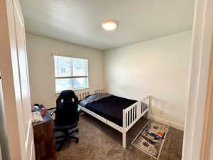 Carpeted bedroom featuring a textured ceiling and baseboards