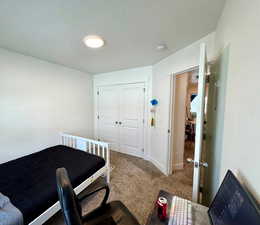 Carpeted bedroom with a textured ceiling and a closet