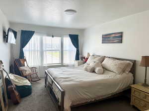 Bedroom featuring a textured ceiling and carpet flooring