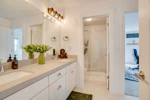 Full bathroom featuring double vanity, a shower stall, and tile patterned flooring