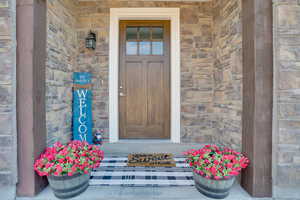 Doorway to property with stone siding