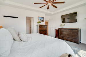 Bedroom with a raised ceiling and ceiling fan