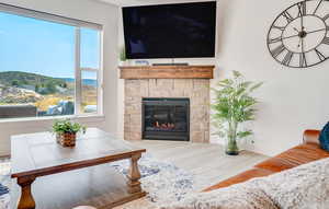 Living area featuring wood finished floors and a fireplace