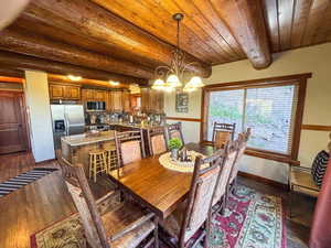 Dining room with a chandelier, a wooden ceiling with exposed beams, and dark wood-type flooring