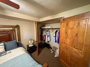 Carpeted bedroom with a closet