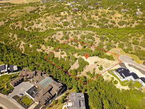 Aerial view of property's location featuring property parcel outlined