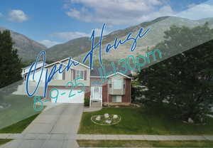 Exterior space featuring a mountain view, a yard, driveway, and a garage
