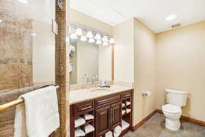 Full bathroom featuring vanity, tile patterned flooring, and a tile shower